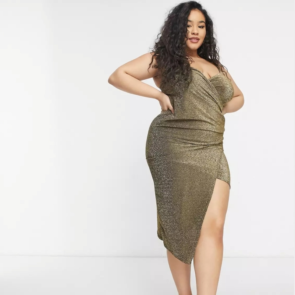 Gold Sparkly Asymmetrical Plus Size Mini Dressed Draped Ruched